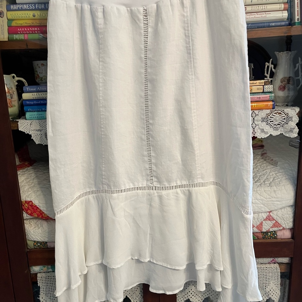Women's Chico's White Skirt w Ruffled Crepe Hem Sz 2 L 12-14 NWT Ret $109